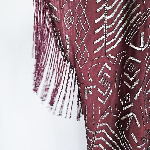 Willow  Clay Burgundy Beaded Fringe Detail Sheer Jacket S - Picture 4 of 12